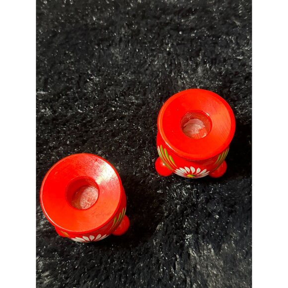Sweden Hand-Painted Red Wooden Mini Candle Holders Floral Daisy - Picture 5 of 10